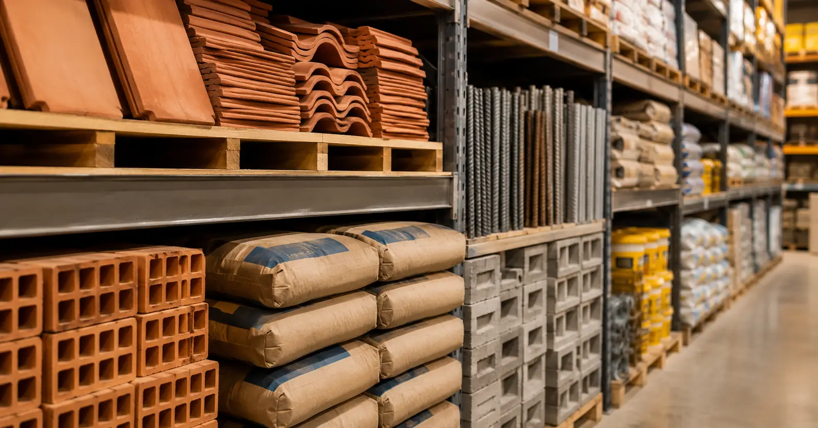 Tijolos, cimento, blocos e materiais de construção organizados nas prateleiras da Riomaia